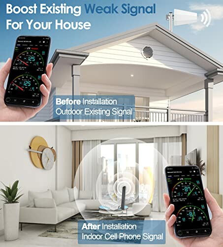 Illustration of a cell signal booster improving indoor signal strength in a house.