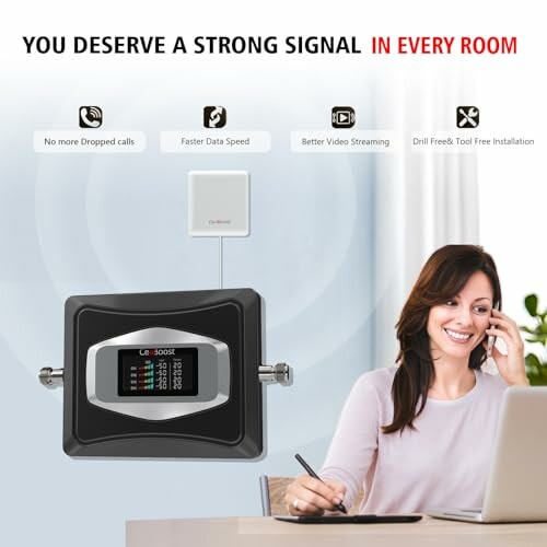 Woman on phone using a signal booster for strong signal in every room.