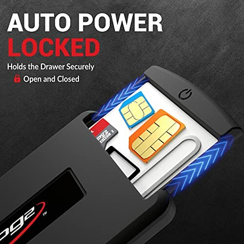 Sim card storage tool with auto power lock feature.