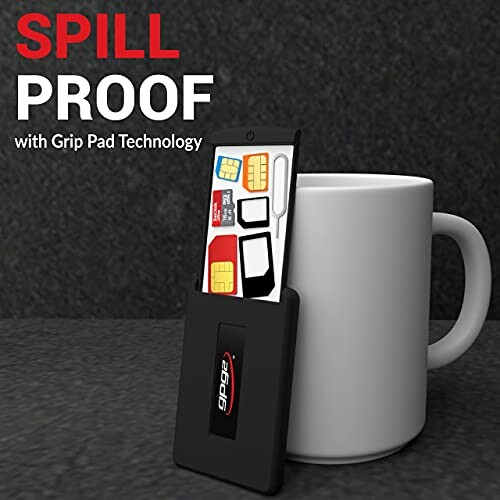 Spill proof coaster with grip pad technology next to a mug.